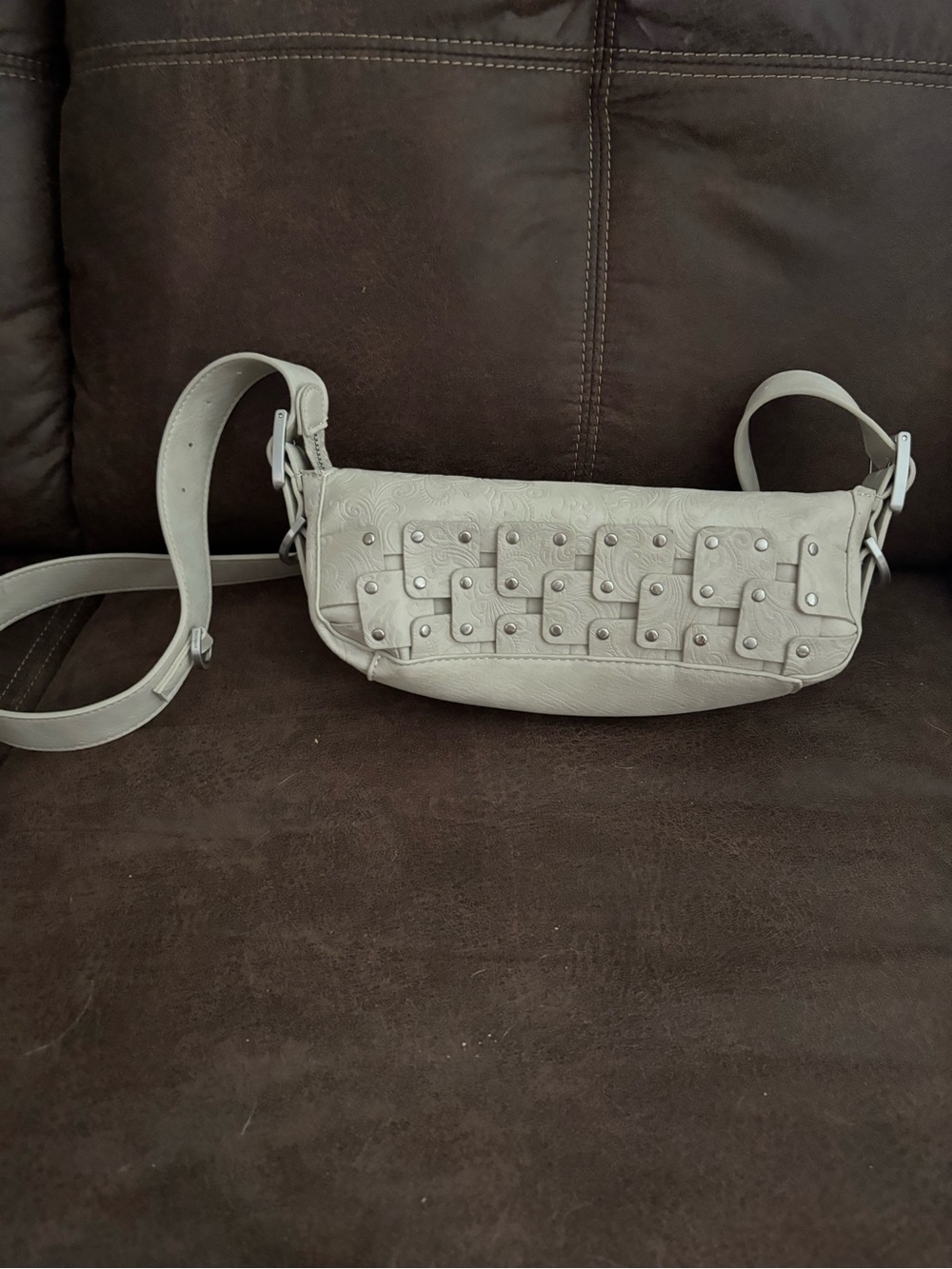 Light Gray Studded Woven-Panel Crossbody Bag